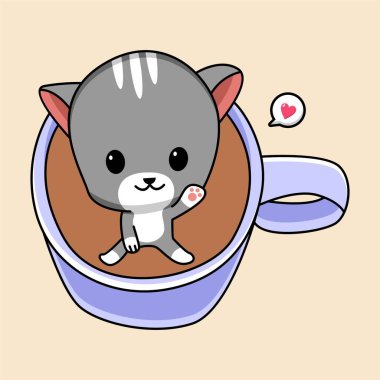 Kahve fincanı çizimindeki sevimli kedi.
