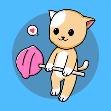Sevimli kedi elinde lolipop çizgi film çizimi