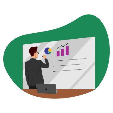 İş danışmanı, iş seminerine planlama kurulu görevlerini gösteriyor. Vektör illüstrasyonu