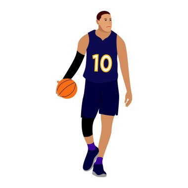Basketbol kıyafeti giymiş, elinde top tutan genç bir adam. Vektör düz resimleme