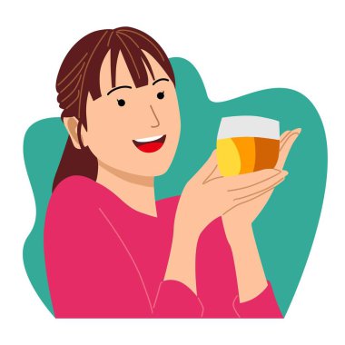 Gülümseyen kız elinde bir fincan portakal suyu tutuyor. Dizayn vektörü düz illüstrasyon