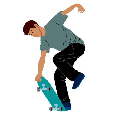 Park 'ta kaykay yapan bir çocuk, kaykay oynayan bir gencin Vector Illustration' ı.