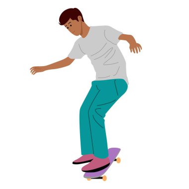 Park 'ta kaykay yapan bir çocuk, kaykay oynayan bir gencin Vector Illustration' ı.