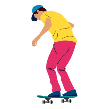 Park 'ta kaykay yapan bir çocuk, kaykay oynayan bir gencin Vector Illustration' ı.