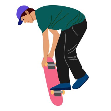 Park 'ta kaykay yapan bir çocuk, kaykay oynayan bir gencin Vector Illustration' ı.