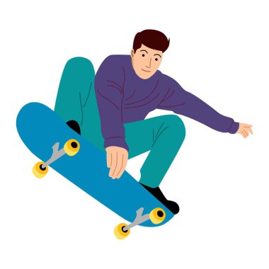 Park 'ta kaykay yapan bir çocuk, kaykay oynayan bir gencin Vector Illustration' ı.