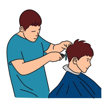 Profesyonel berber, berber dükkanındaki müşterisinin saçını kesiyor.