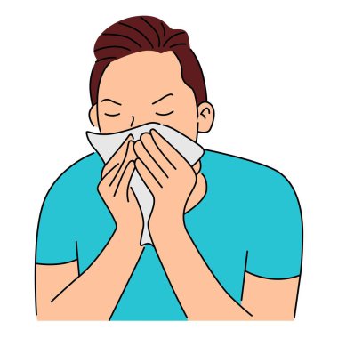 Mendile hapşıran, burnu akan hasta genç adam.