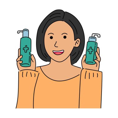 Tatlı kız el dezenfektanı tut.