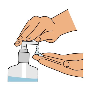 Covid-19 virüsünü veya koronavirüsü korumak için el dezenfektanı veya alkol kullanan eller. Vektör illüstrasyonu beyaz arkaplanda izole edildi