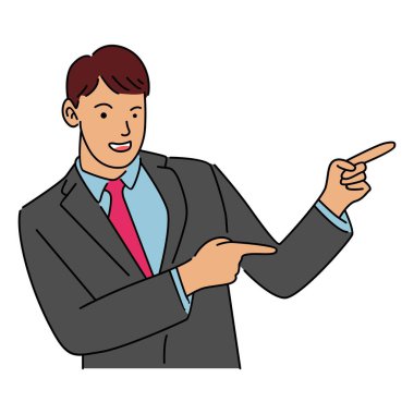 Genç adam ellerini kaldırıyor ve ayakta durup gülümserken bir şey gösteriyor ya da sunuyor. Adam kopyalama alanını işaret ediyor. Vektör illüstrasyonu beyaz arkaplanda izole edildi