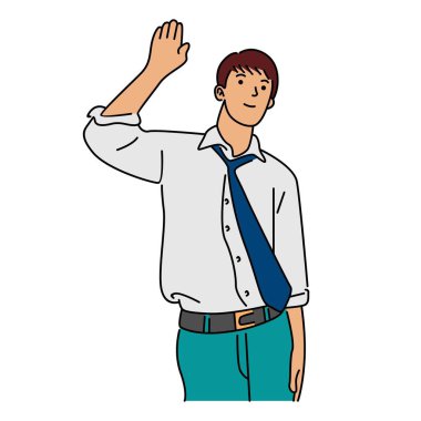 Businessman greeting someone with his hand raised up. Isolated on white background clipart