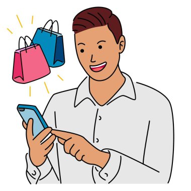 İnternetten alışveriş yapmak için akıllı telefon kullanan bir adam. İnternetten alışveriş yapan adam, indirim alır. Çizgi film vektör illüstrasyonu