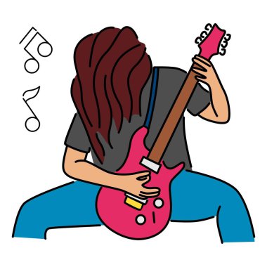 Rock Gitarist Çizgisi Sanat İllüstrasyonu. Rock müzisyeni elektro gitar çalıyor. Çizgi film vektör illüstrasyonu
