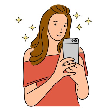Telefonlu bir kadının portresi. Akıllı telefonlara ve internete bağımlı. Sosyal ağlar. Çizgi film tarzında vektör illüstrasyonu