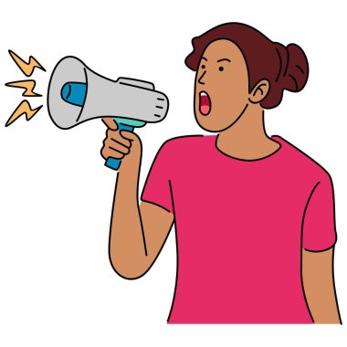 Bir megafon vektör illüstrasyonunda ayakta duran ve konuşan kadının çizgi sanat rengi