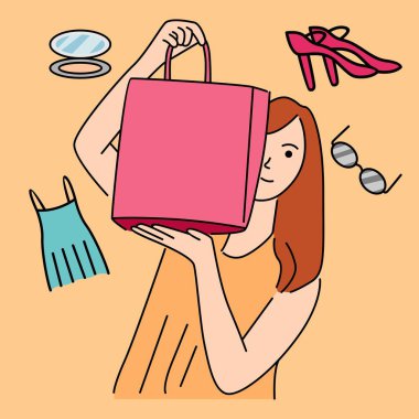 Alışveriş torbası tutan kadın çizgisi