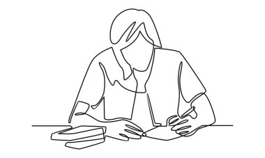 Sürekli ev ödevi yapan kız öğrenci çizgisi.