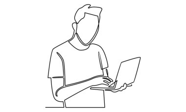 Dizüstü bilgisayarı olan adamın sürekli çizgisi.