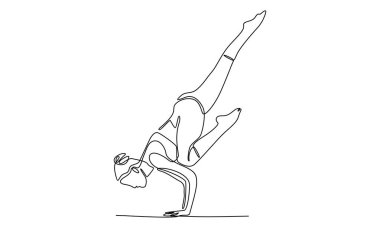 Yoga pozu veren sürekli bir kadın çizgisi.