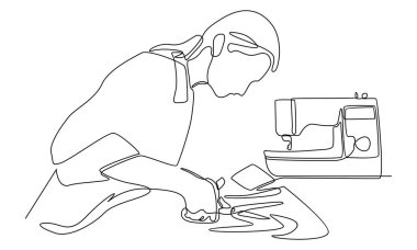 Dikiş makinesi kullanan sürekli bir kadın çizgisi