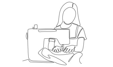 Dikiş makinesi kullanan sürekli bir kadın çizgisi