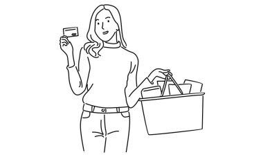 Çantalı ve kredi kartıyla alışveriş yapan kadın çizgisi.