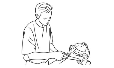 Berber dükkanı vektör illüstrasyonunda müşteriye hizmet eden kuaför çizgisi sanatı