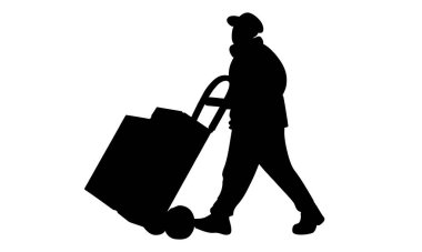 Teslimat kuryesinin silueti karton kutular vektör illüstrasyonuyla tramvayı itiyor