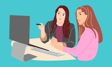 Ekranda iş tartışan iki iş arkadaşının düz çizimi