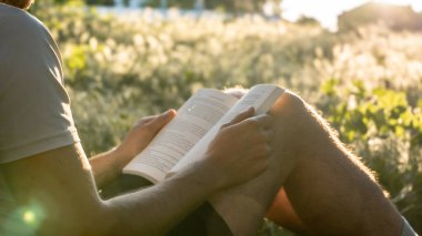 Adam güneşli bir parkta huzur içinde kitap okuyor.