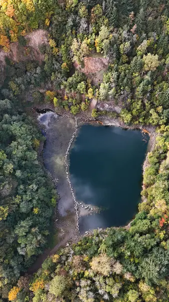 Ormanda taşları olan küçük bir gölün etrafındaki renkli sonbahar ağaçlarının havadan görünüşü