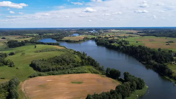 stock image Aerial View of River, Fields, and Forests, Latvia, Daugavpils