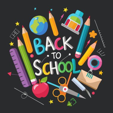 Siyah arkaplan vektörlü okul afişine geri dön