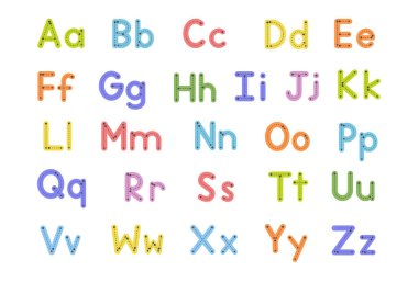 Renkli alfabe vektörü, çizim. Çocuklar için el yazısıyla yazılmış mektuplar. Doğru yazmak için. Evde eğitim ve okul için. Duvar alfabesi, poster, heceleme defteri.