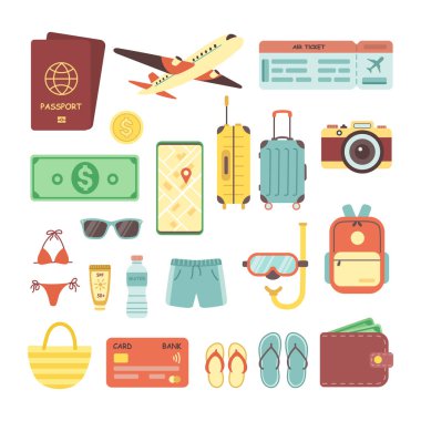  Vektör yolculuğu ayarlandı. Seyahat aksesuarları koleksiyonu. Pasaport, uçak, bilet, para, bavullar, sırt çantası, cüzdan, kredi kartı, dalış maskesi, kamera, çanta, terlik, mayo. Tatil, tatil hafta sonu çizimi. Düz Çizim.