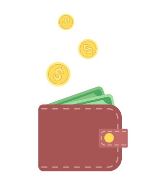 Havada bozuk paralar olan kahverengi cüzdan. Zenginlik ya da tasarruf finansal konsepti. El çizimi vektör illüstrasyonu.