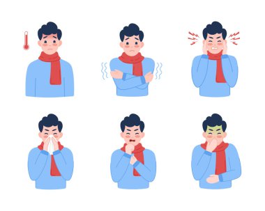 Grip belirtileri. Soğuk algınlığı belirtileri. Grip belirtileri, ateş, öksürük, üşüme, baş dönmesi, mide bulantısı, burun akıntısı, baş ağrısı, boğaz ağrısı, hastalık. Grip önleme afişi için vektör ayarlandı.