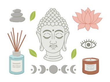 Tasarım, baskı, posterler ve afişler için Budist unsurlar seti. Beyaz arkaplanda vektör illüstrasyonu.