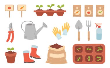 Bitki yetiştirmek için bir takım elementler. Düz çizimler, saksılarda fidanlar, ekilecek toprak, bahçe aletleri ve tohumlar. Ev bahçesi konsepti.