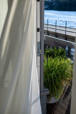 Saksı bitkisi açık bir balkon kapısından görülebilir. Rıhtımın yanında, rüzgar beyaz perdeyi uçururken..