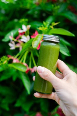 Canlı tropikal yaprakların önünde elinde yeşil detoks suyu şişesi tutuyordu. Sağlıklı yaşam tarzı ve egzotik orman geçmişi üzerine organik beslenme konsepti. Sağlık ve doğal beslenme konsepti.