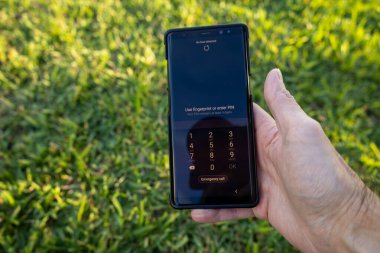 Erkekler siyah telefondan yeşil çimen arka bahçesine şifre girerler.