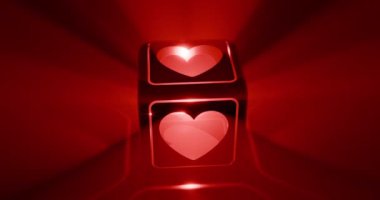 CG Iconic küp animasyonu Heart Love sembolü üzerinden ışık yayarak kırmızı sisli rüya ortamını siyaha boyuyor