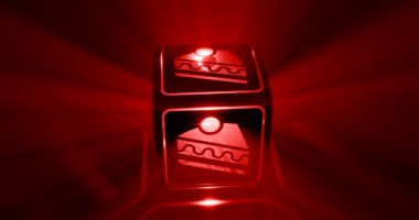 CG Iconic küp animasyonu. Kırmızı sisli rüya ortamındaki Gıda Keki sembolünden ışık ışınları yayarak siyah arkaplana kayboluyor.