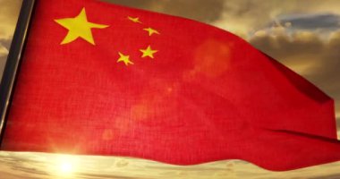 3D Hazırlama - Çin CG Bayrağı (PRC) günbatımında pürüzsüz bir şekilde dalgalanan sarı bulutlu arkaplan - 4K H264 Kusursuz döngü