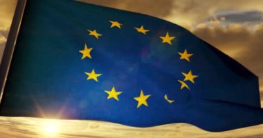 3D Hazırlama - Avrupa 'nın CG Bayrağı günbatımında pürüzsüz bir şekilde dalgalanır Sarı bulutlu gökyüzü arka planı - 4K H264 Kusursuz döngü