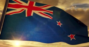 3D Hazırlama - Yeni Zelanda CG Bayrağı günbatımında pürüzsüz bir şekilde dalgalanan sarı bulutlu gökyüzü arka planı - 4K H264 Kusursuz döngü