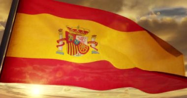 3D Hazırlama - İspanya CG Bayrağı günbatımında pürüzsüzce dalgalanıyor Sarı bulutlu gökyüzü arka planı - 4K H264 Kusursuz döngü