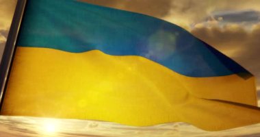 3D Hazırlama - Ukrayna 'nın CG Bayrağı günbatımında pürüzsüz bir şekilde dalgalanan sarı bulutlu gökyüzü arka planı - 4K H264 Kusursuz döngü